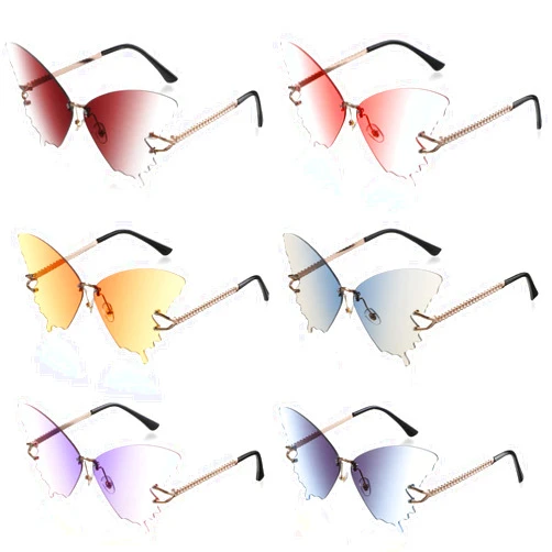 Flutesan 6 Pairs Butterfly Rimless Sunglasses Vintage Gradient Frame Eye Glasses Fashionable Oversized Cat Eye Butterfly Shape Eyewear for Men and Women, 6 Colors