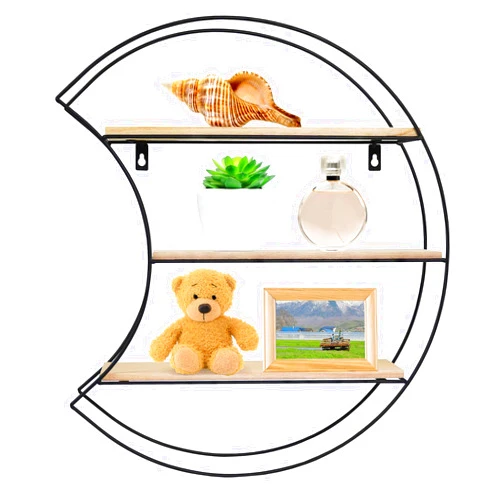 Greenco Geometric Moon Shaped Mounted Floating Shelf, Home Decor, Metal Wire and Rustic Wood Wall Storage Shelves for Bedroom, Living Room, Bathroom, Kitchen and Office, Natural