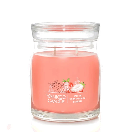 Yankee Candle White Strawberry Bellini Scented, Signature 13oz Medium Jar 2-Wick Candle, Over 35 Hours of Burn Time