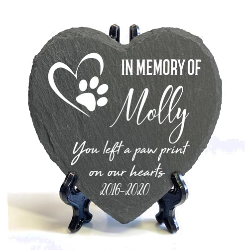 TULLUN Personalized Memorial Heart Shape Plaque + Stand for Pet Cat Dog Slate Stone Frame Paw Grave Marker - in Memory of - Size | 4