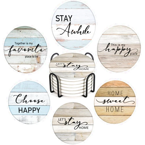 Bribay Coasters for Drinks Set of 6, Vintage Blue Wood Farmhouse Home Happy Saying Absorbent Round Ceramic Stone Mat, with Cork Base and Metal Holder, Gift for Housewarming Room Bar Decor