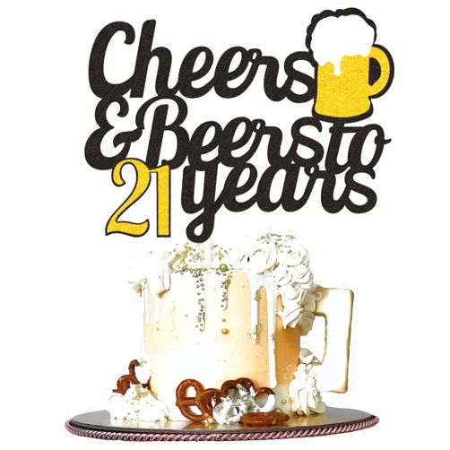 Joymee Cheers to 21 Years Cake Topper, Happy 21st Birthday Cake Topper, 21th Anniversary Birthday Party Supplies Black and Gold Glitter Decorations Double Sided