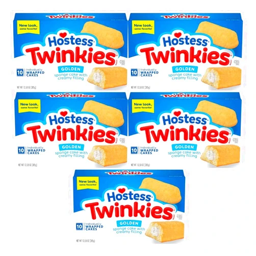 The Snack Store Bundle Hostess Twinkies Golden Sponge Cake with Creamy Filling, 13.58 oz, 5 Boxes of 10 Count, 50 Total Cakes!
