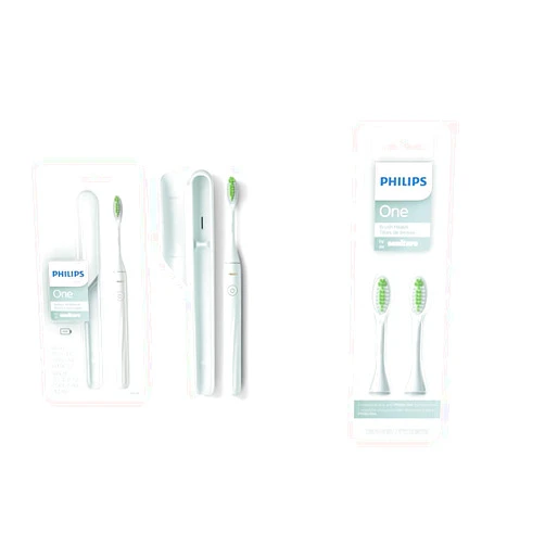 Philips Sonicare Philips One by Sonicare Battery Toothbrush, Mint, HY1100/03 + Philips One by Sonicare 2pk Brush Heads, Mint BH1022/03