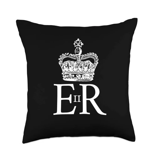QUE%N ELIZA%BETH II GREAT BRITISH MONARCH, UK FLAG QUEPercentN ELIZAPercentBETH II, British Monarch Cypher, United Kingdom Throw Pillow, 18x18, Multicolor