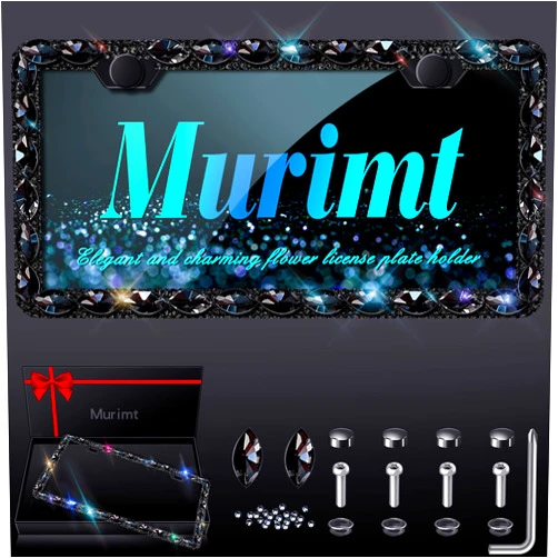 Murimt Black Rhinestone License Plate Frames with High End Ribbon Gift Box Sparkly Diamond License Plate Holder Handcrafted Crystal Premium Stainless Steel Bling License Plate Frame for Women