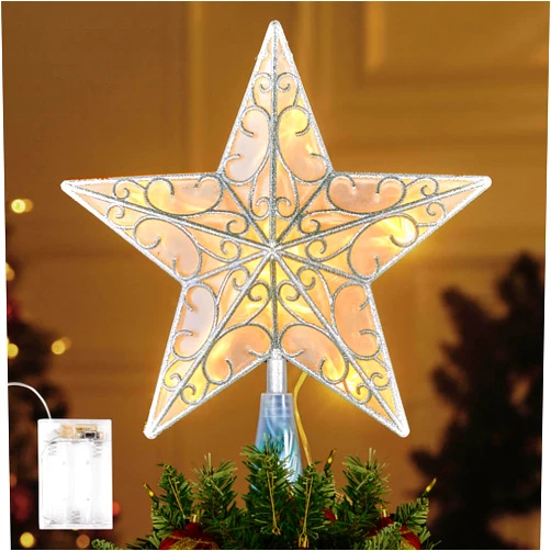 JOIEDOMI 10.5 inch Lighted PVC Glitter Swirl Star Christmas Tree Topper, 10 Warm White Light Silver Tree Topper, Battery Powered for Christmas Tree Decorations Home Holiday Xmas Party Indoor Decor