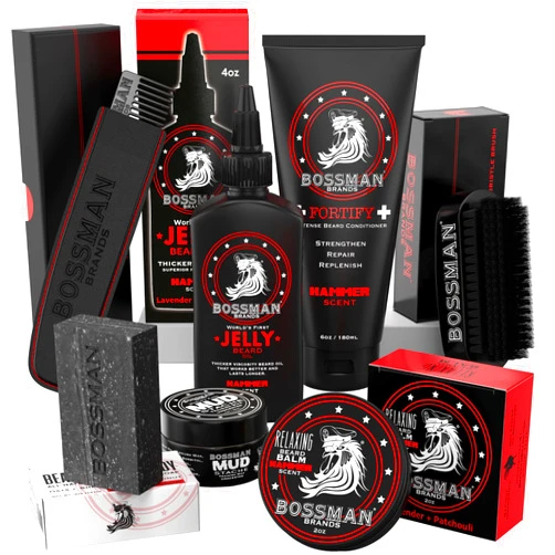 Bossman Big Boss Beard Care Kit for Men - 7 Piece Beard Grooming Kit with Jelly Beard Oil, Beard Conditioner, Beard Balm, MUDstache Wax, Bar Soap, Metal Comb, Brush - Mustache Kit (Hammer)