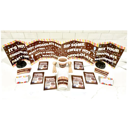 Crazy Cups Hot Cocoa Bar Supplies Kit, Limited Edition Hot Chocolate Bar Decor Set, Includes Hot Cocoa Bar Signs, Hot Cups With Sleeves, Hot Chocolate, Table Tents, Spoons, 6 Servings