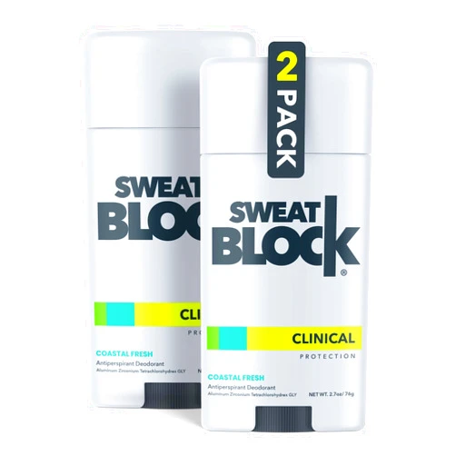 SweatBlock CLINICAL Deodorant Antiperspirant for Women & Men - 48-Hour High Degree Sweat & Odor Protection, Coastal Fresh Scent (2 Pack)