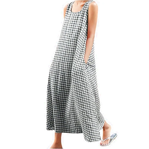 chouyatou Women's Summer Casual Loose-Fit Cotton Plaid Tank Maxi Dress with Pockets Boho Beach Sundress