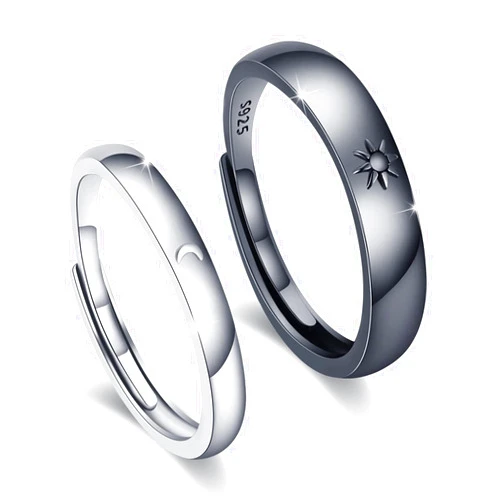 AOVEAO Sun and Moon Couple Rings 2pc 925 Sterling Sliver Engagement Couple Rings Adjustable Couple Matching Rings Engagement Wedding Band Set for Couples Him and Her Blake and White Promise Couple Ring