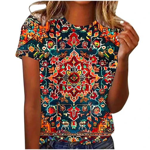 Generic Western Shirts for Women Vintage Ethnic Style Aztec Graphic Short Sleeve Tees Summer Loose Fit Casual Crew Neck Blouse Tops