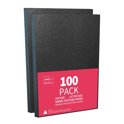 Binditek 100 Pack 13 Mil Grain-Texture Paper Binding Presentation Covers, 8-1/2 x 11 Inches, 90lb, 250 GSM, Un-Punched, Letter Size, Black, for Business Documents