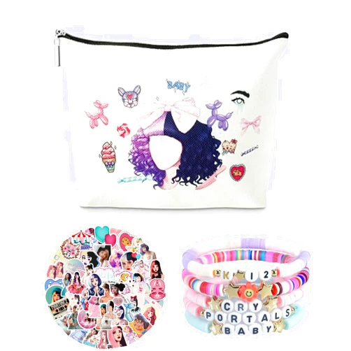 Glaudate Melanie Merch Martinez Concert Costume Merchandise Gift Set Including Cosmetic Bag Friendship Bracelet, 50 Stickers Women Cosmetic Bag Costume Jewelry Music Love Fan Gift (01)