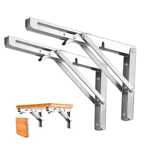 Storystore Folding Shelf Brackets - Heavy Duty Stainless Steel Collapsible Shelf Bracket for Bench Table, Space Saving DIY Bracket, Max Load: 550lb （Long：10” ，2 PCS）