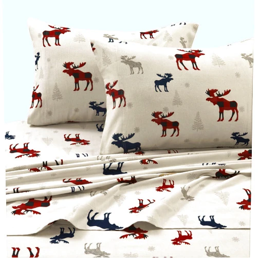 Tribeca Living 100% Cotton Flannel Sheet Set - Deep Pocket, 170-GSM, Ultra Soft & Cozy Bedding for Winter, Cal King, Plaid Moose