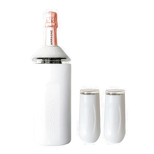 Vinglacé Champagne Bottle Chiller Gift Set- Portable Stainless Steel Sparkling Wine Cooler with 2 Stemless Champagne Flutes, White