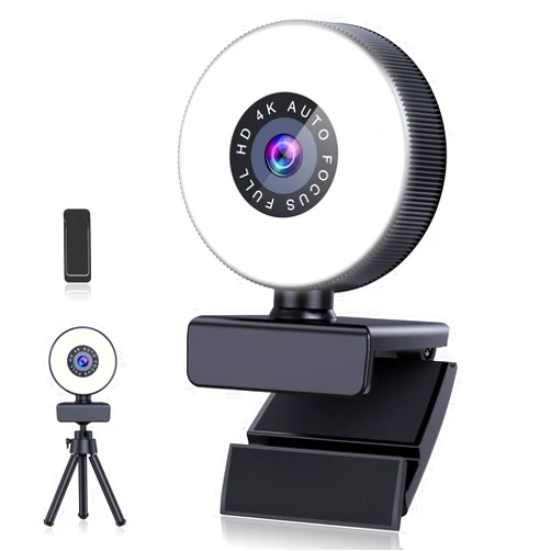 Cnkaite 4K Webcam, HD Autofocus Webcam with Microphone, Adjustable Light Computer Camera with Privacy Cover and Tripod Stand, Plug and Play USB Webcam for Laptop Desktop Video Calling
