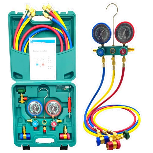 ZKTOOL AC Manifold Gauge Set for R22 R134A R410A R502, 3 Way Automotive AC Gauge Set, with A Detailed Instruction Manual，5FT Hose, 3 Tank Adapters, Adjustable Piercing Canning Tap Freon Recharge Kit