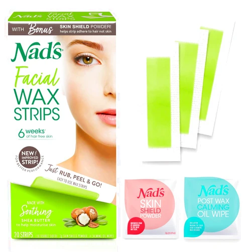 Nad's Facial Wax Strips - Hypoallergenic All Skin Types - Facial Hair Removal For Women - At Home Waxing Kit with 20 Face Wax Strips + 4 Calming Oil Wipes + Skin Protection Powder