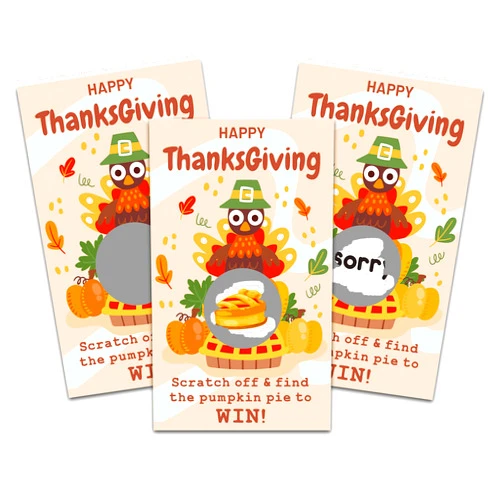 ISOVF Happy Thanksgiving Scratch Off Game Cards - 50 Pack- Find The Pumpkin Pie To Win - Turkey& Pumpkin Thanksgiving Party Game for Adults Family Kids Fun Dinner Activities - a02