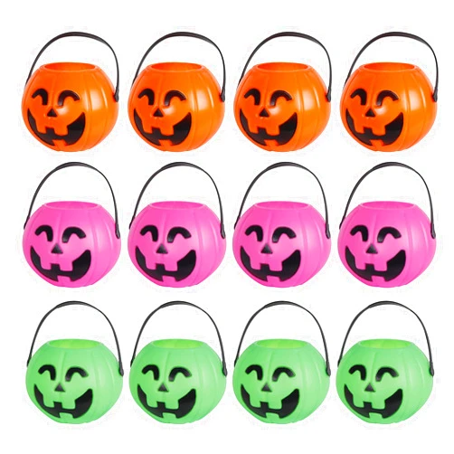 PTYQU Mini Halloween Pumpkin Bucket Orange&Green&Pink Plastic Halloween Witches Cauldron Kettle Multi-Purposed Novelty Candy Holder Decor for Halloween Party (12 Pack)