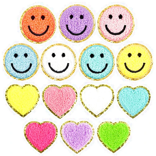 PLANTURECO Happy Face Heart Patches, Iron on Patches 14 Pieces, Iron on Patches for Clothing, Patches for Clothes Jackets Jeans Hats Backpacks DIY Decorations(Gold Edge)