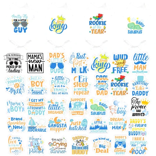 EoBeCy 36 Sheets Baby Shower Games Iron on Transfers for T-Shirts, Cute Baby Boy DTF Transfers Ready to Press Heat Transfers Vinyl, Iron on Patches Decals for Baby Clothes Bibs Bodysuit DIY Crafts