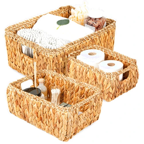 Crutello Woven Storage Basket Handwoven Small Baskets Boho Living Room Decor For Home Organization, Set of 3, Natural Water Hyacinth Seagrass, Brown