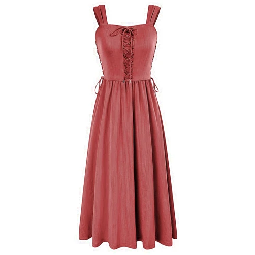 Scarlet Darkness Women Renaissance Summer Midi Dress Cottagecore Sleeveless Lace Up Dress