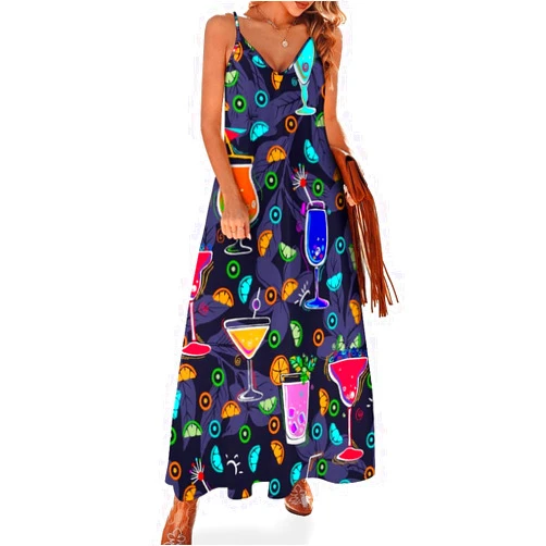 AYUNIX Women's Maxi Dress Patrick Leaf Summer Sun Dresses Casual Loose Long Dress V Neck Sleeveless Beach Dresses