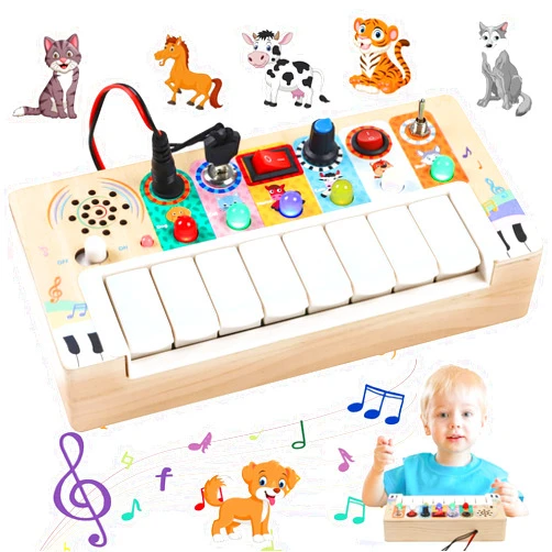 Wdmiya Busy Board Toys for Toddlers, Montessori Toys with 6 Led Light Switch for 1 Year Old, Wooden Piano Busy Board for Toddlers 1-3, Educational Activity Toys & Gifts for 1 2 3 Year Old (Busy Board)
