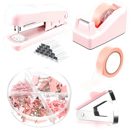 Sabary Office Supplies Set Desk Accessory Kit Include Stapler, Staples, Staple Remover, Tape Dispenser, 22 Binder Clips, 30 Paper Clips, 20 Push Pins, 2 Rolls Tape, for Women Christmas Gift (Pink)
