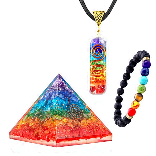 ZENFULSTONE 3 in 1 Orgone Pyramid for E-Energy Protection & Healing- meditation orgonite pyramids with Pendant and Bracelet set/crystal chakra set (7 Chakra Medium)
