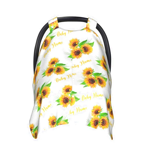 Munific Personalized Sunflower Baby Car Seat Canopy for Babies with Name, Custom Car Seat Covers Boys Girls, Peekaboo Opening Minky Nursing Breastfeeding Cover Infant Car Seat Canopies for Newborn