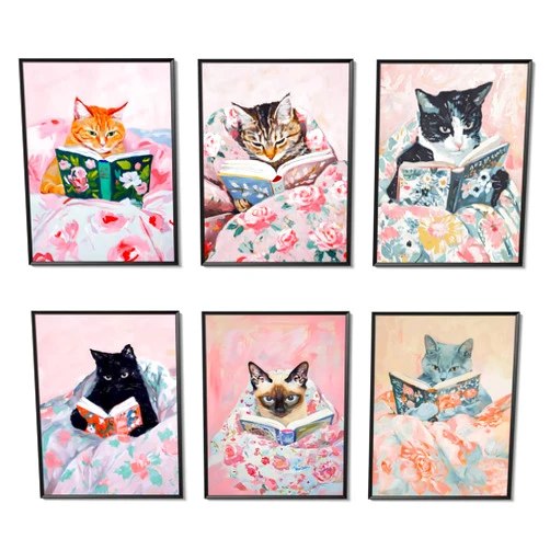 Inch sunshine art Cute Cat Reading Poster Set of 6 Funny Black Cat Book Lover Canvas Wall Art, Whimsical Animal Wall Decor Painting Prints Aesthetic for Nursery Kids Boby Room Bedroom Unframed 8x10 inch