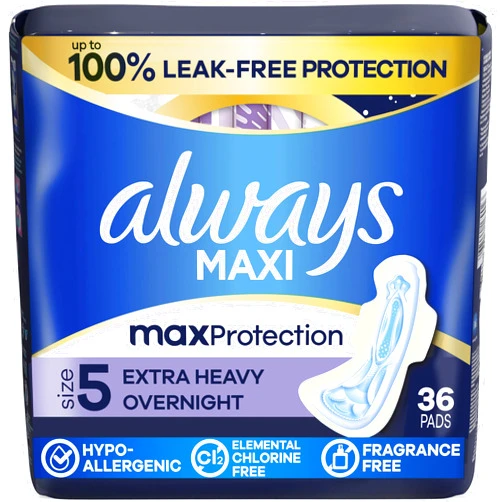 Always Maxi Overnight Pads with Wings for Women, Size 5, Extra Heavy Overnight Absorbency, Unscented, 36 Count