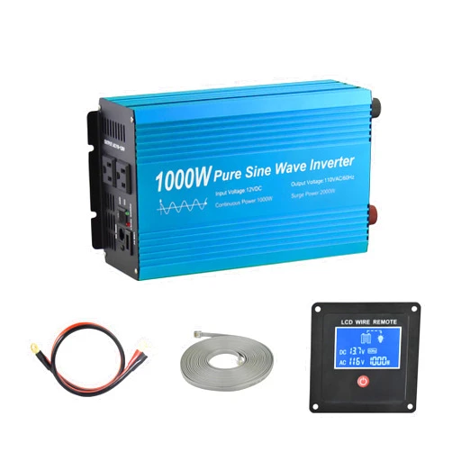 Fit4Less Pure Sine Wave Power Inverter 1000W DC12V to AC 110V with Dual sockets and USB, LCD Remote kit. (1000W)
