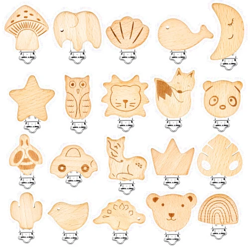 Boao 20 Pieces Wood Pacifier Clips Toy Suspender Clips Charm DIY Pacifier Holder for Baby Toddler Teething Grasping Accessory