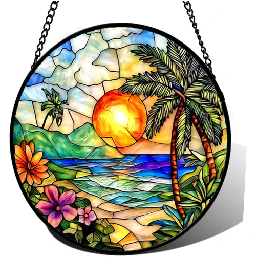 CHATYOUNG Stained Glass Window Hanging Beach Sunrise Landscape 6.3