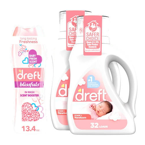 Dreft Bundle of Dreft Stage 1: Newborn Hypoallergenic Baby Laundry Detergent Liquid Soap, 46 Fl Oz, (Pack of 2) + Dreft Blissfuls In-Wash Scent Booster Beads, Baby Fresh, 13.4 oz