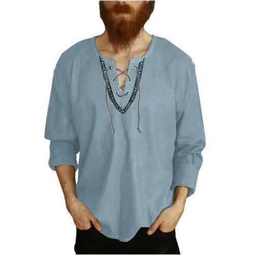 Generic Mens Cotton Hemp Lace Up V Neck Hippie Shirts Long Sleeve Loose Fit Vintage African Shirt Summer Beach Yoga Tops