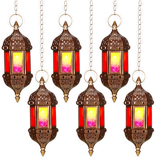 Retisee 6 Pcs Hanging Moroccan Lantern Hexagon Decorative Moroccan Candle Lantern Holders Hanging Candle Holder Indoor Outdoor for Patio Weddings Christmas Decoration