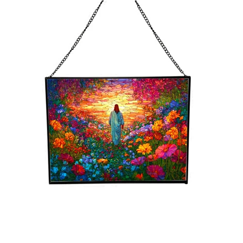 Custom Jesus Among Fields of Blooming Light Religious Stained Glass Suncatcher – Rectangular Hanging Window Panel with Sacred Scene –Spiritual Glass Art for Prayer Room, Christmas, Inspirational Decor yeaoeP