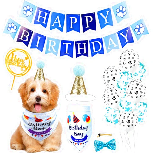 Yoriko Charmbow Dog Birthday Bandana Scarfs with Cute Doggie Birthday Party Hat Supplies (Blue-B)
