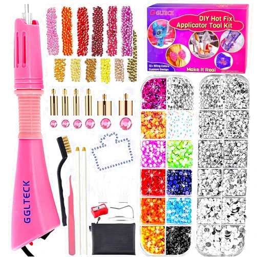 GGLTECK Hotfix Applicator Rhinestones, Hot Fixed Bedazzler Kit, DIY Hot Fix Rhinestone Applicator Wand Setter Tool Kit with 7 Different Sizes Tips, 5304 PCS Rhinestones, Tweezers Brush Cleaning Kit