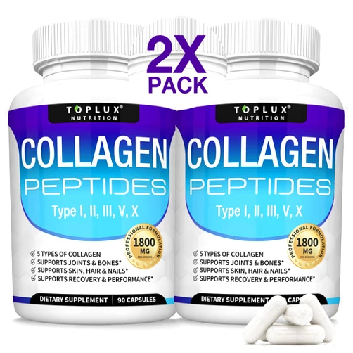 Toplux Multi Collagen Peptides Pills 1800 Mg Complex - Type I, II, III, V, X Premium Collagen Complex for Better Skin & Hair, Strong Joint, Hydrolyzed Protein, for Men Women, 90 Capsules, Supplement