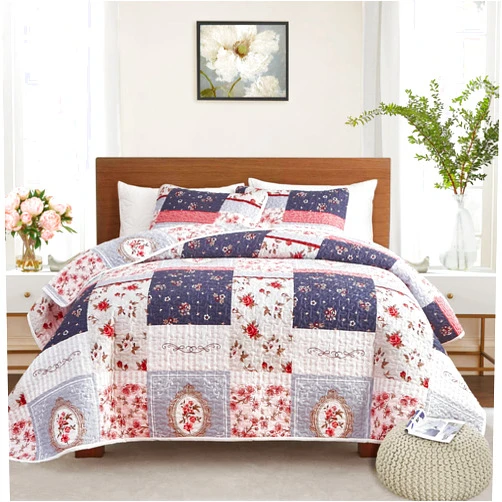 Flysheep Patchwork Quilt Set King Size, 3 Pieces Pink Purple Floral Plaid Summer Bedspread Coverlet Set, Soft Microfiber Reversible Lightweight Bed Cover for All Season (102