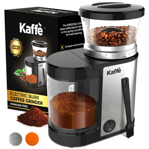 Kaffè Kaffe Electric Burr Coffee Grinder (5.5oz) w/Adjustable Coarseness Settings - Flat Burr - [New Upgraded Motor ] - Precision Coffee Bean Grinder for Home Use - Stainless Steel (Silver)